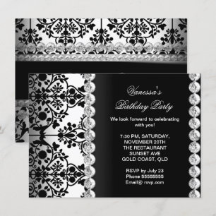 Damask Birthday Party Silver Black White Floral Invitation