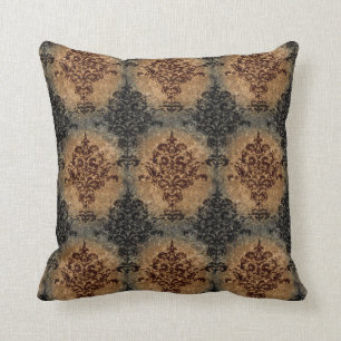 Damask Black and Rust Grey Tan Throw Pillow