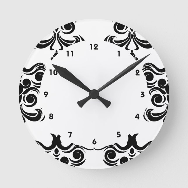 Damask Black And White Round Clock (Front)
