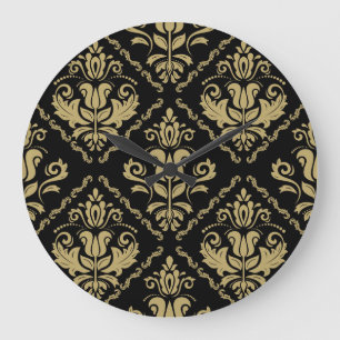 Damask Black Gold: Classic Ornament. Large Clock