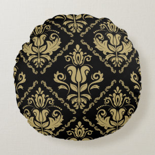Damask Black Gold: Classic Ornament. Round Pillow