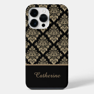 Damask Black Gold Swirl Personalized Name iPhone 14 Pro Max Case