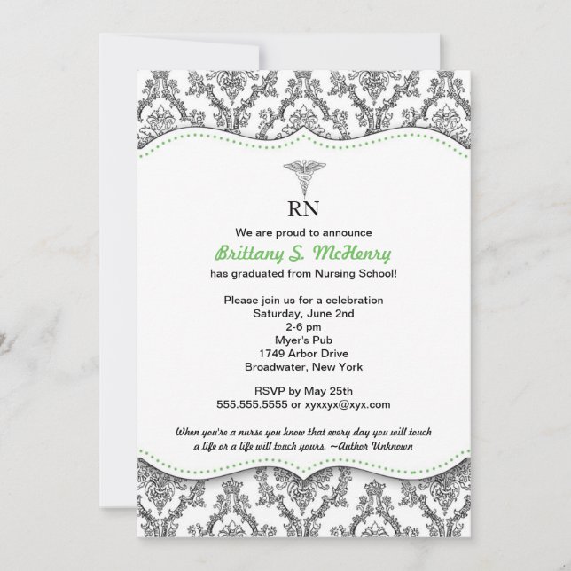 Damask Black green Nurse graduation RN BSN LPN Invitation (Front)