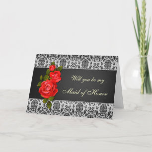 Damask black grey, red roses Maid of Honour Invitation