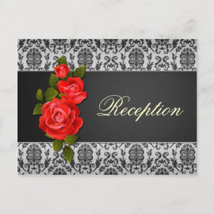 Damask black grey, red roses Wedding Reception Invitation Postcard