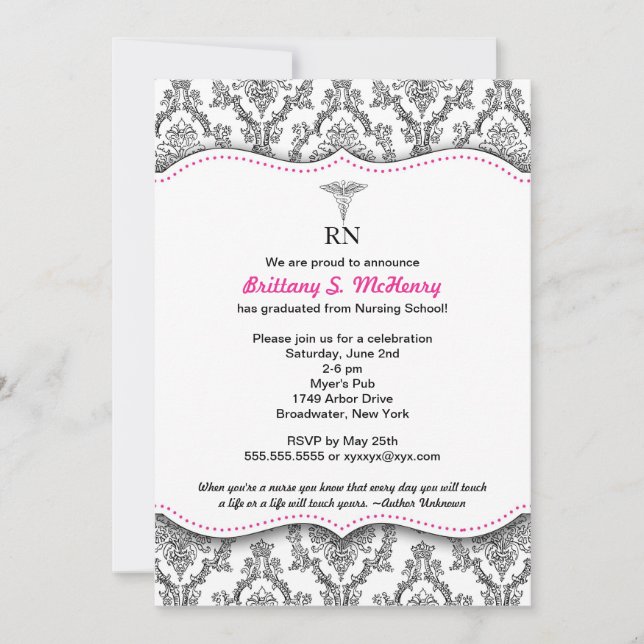 Damask Black hot pink Nurse graduation RN BSN LPN Invitation (Front)