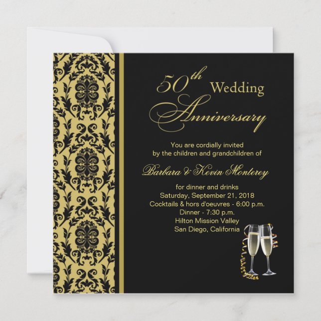 Damask black on gold 50th Wedding Anniversary Invitation (Front)