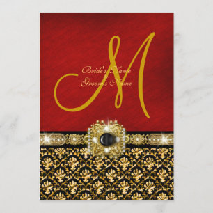 Damask black red gold "elegant wedding" invitation