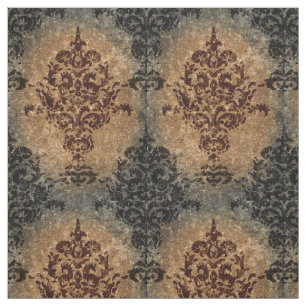 Damask Black Rust on Grey and Tan Fabric