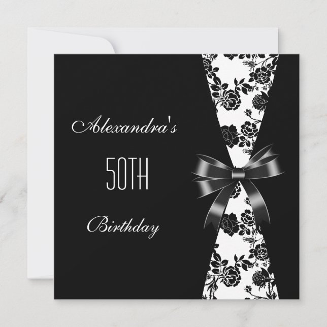 Damask Black White 50th Birthday Invitation Floral (Front)