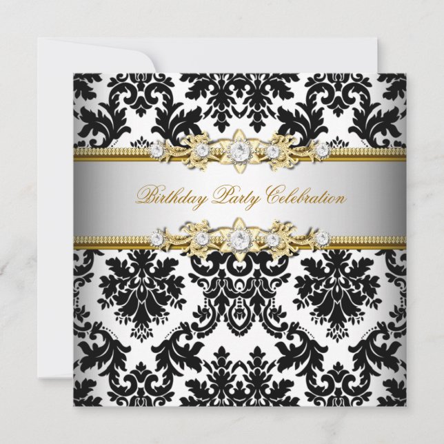 Damask Black White Gold Silver Cream Elegant Party Invitation (Front)