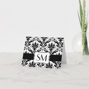Damask black white Monogrammed  Thank you Card