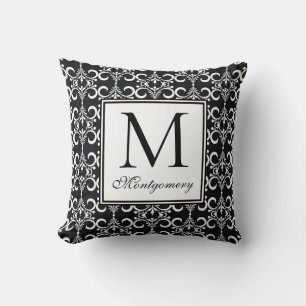 Damask Black White Monogrammed Throw Pillow