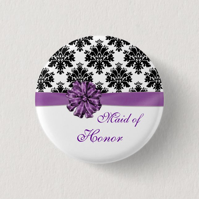 Damask black white purple bow Maid of Honour 1 Inch Round Button (Front)