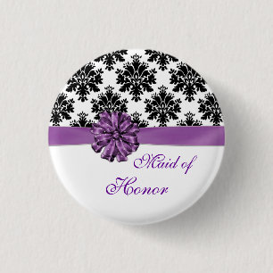 Damask black white purple bow Maid of Honour 1 Inch Round Button