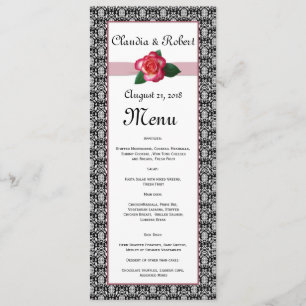 Damask black white, red rose Wedding Menu