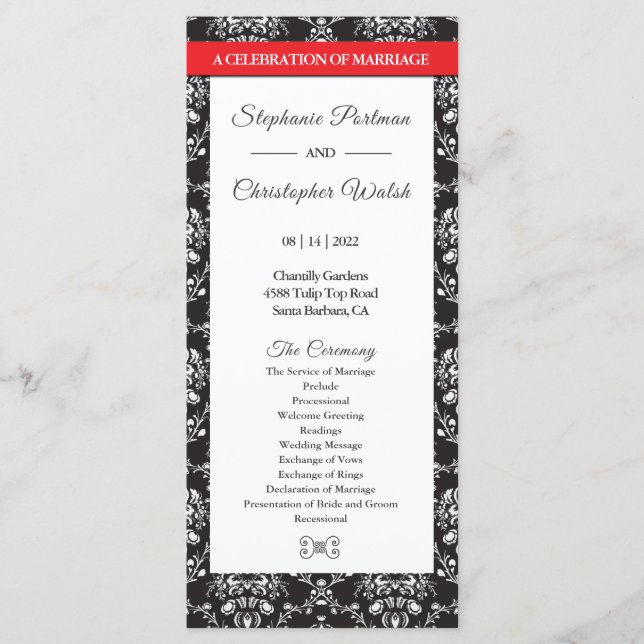 Damask Black White Red Stripe Wedding Program (Front)