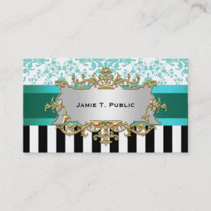 Damask, Black White Stripe Aqua Ribbon, Gold Label Business Card