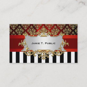 Damask, Black White Stripe, Red Ribbon, Gold Label Business Card