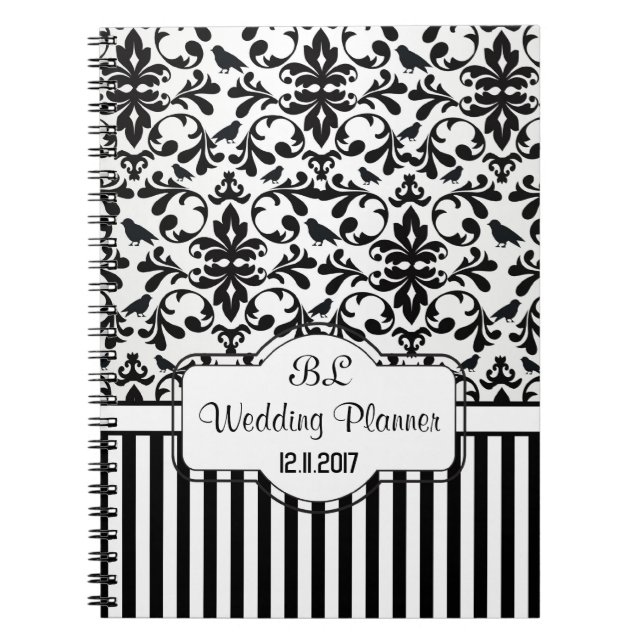 Damask black white stripes Wedding Planner Noteboo Notebook (Front)