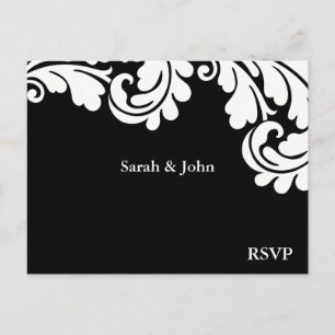 Damask Black & White Wedding RSVP Postcard 3