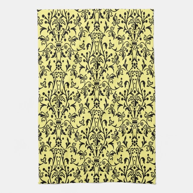 Damask Black & Yellow Kitchen Towel (Vertical)