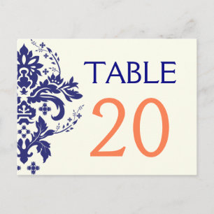 Damask bleu marine, corail mariage numéro de table