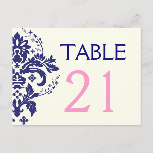 Damask bleu marine, mariage rose numéro de table (Devant)