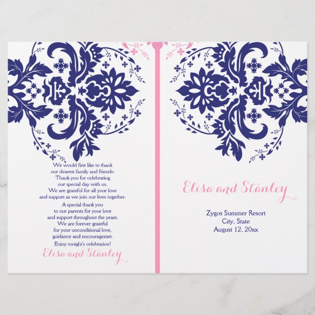 Damask bleu marine, programme de mariage rose (Devant)