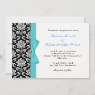 Damask Blue Bow Wedding Invitation