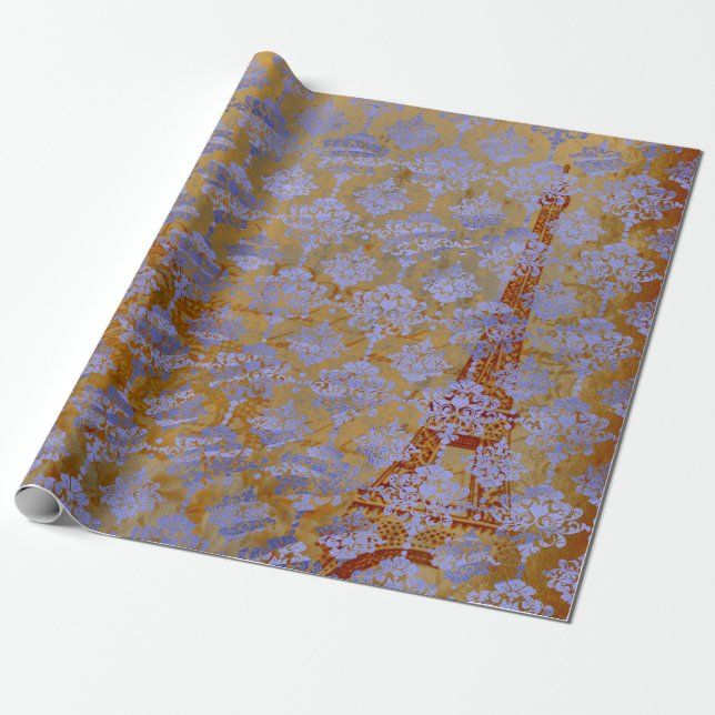 Damask Blue Cobalt Old Paris Rose Gold Royal Wrapping Paper (Unrolled)