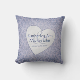 Damask blue heart commemorative wedding pillow