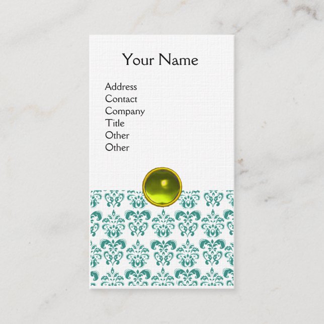 DAMASK  BLUE  MONOGRAM gem yellow linen Business Card (Front)