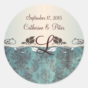 Damask bluish green brown monogram Sticker