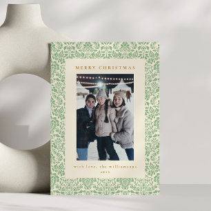 Damask Border Colourful Christmas Photo Sage Green Holiday Card