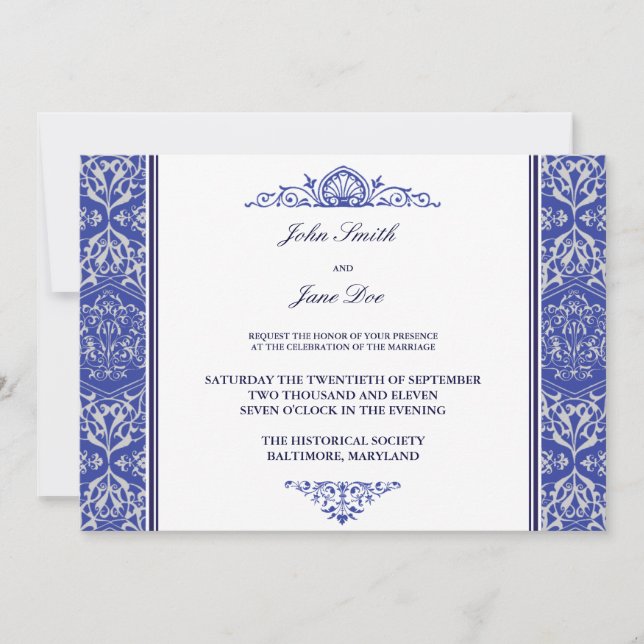 Damask Border Invitation in Royal Blue (Front)