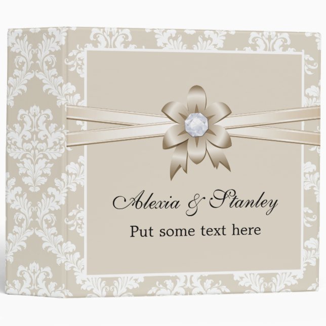 Damask border with beige ribbon wedding planner binder (Front/Spine)