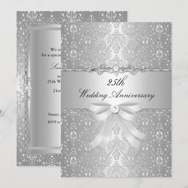 Damask Bow 25e Mariage Invitation (Devant / Derrière)