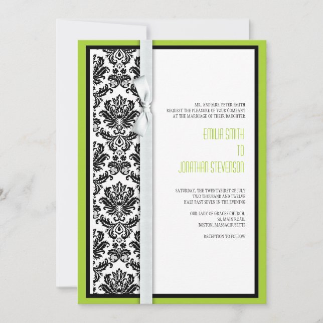 Damask Bow Wedding Invitation with Green (Front)