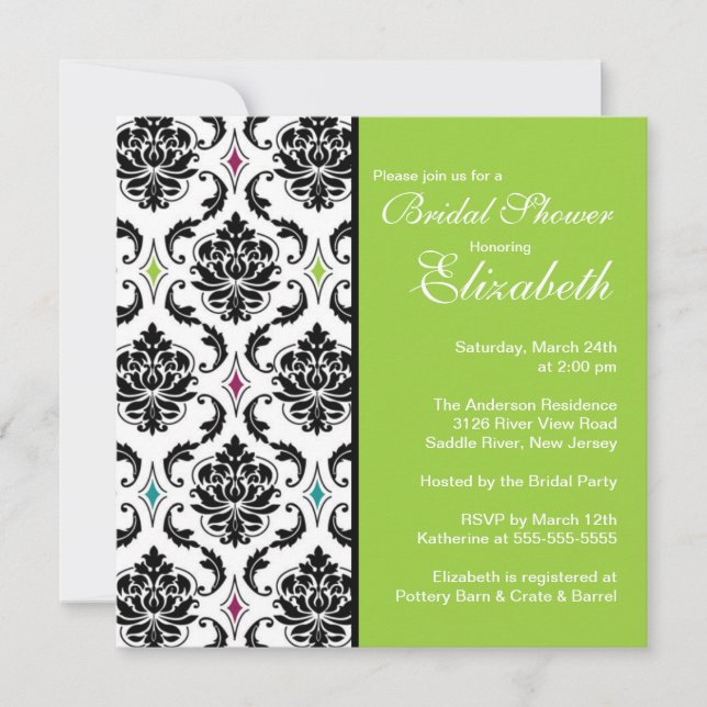 Damask Bridal Shower Invitation Black & Lime Green (Front)