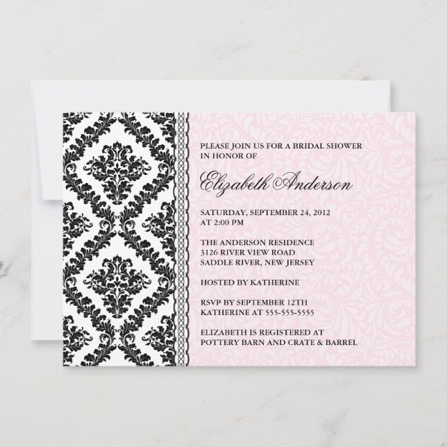 Damask Bridal Shower Invitation Black & Pink (Front)