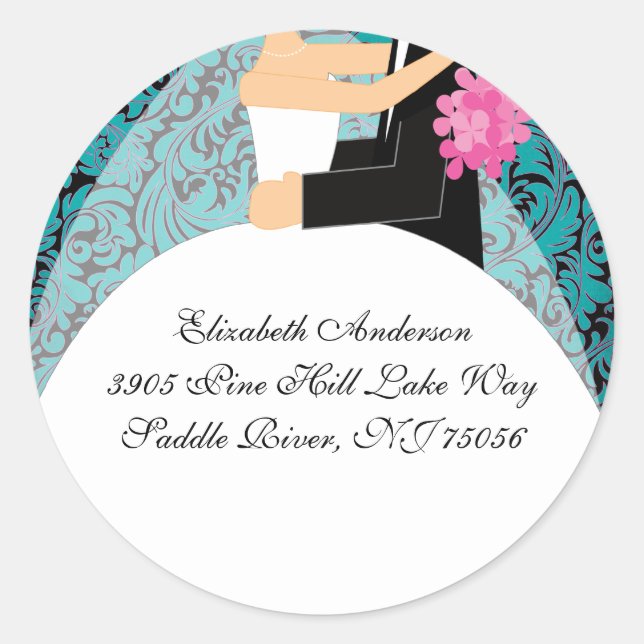 Damask Bride & Groom Address Sticker Turquoise (Front)