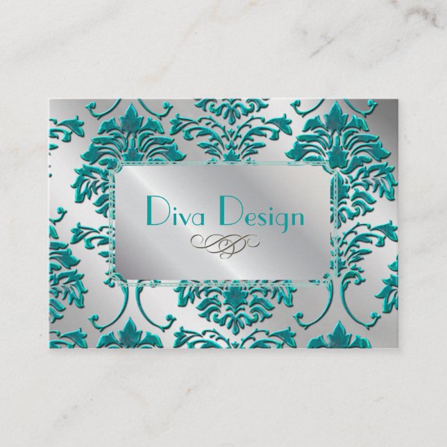 Damask business card in teal green on silver tone (Front)