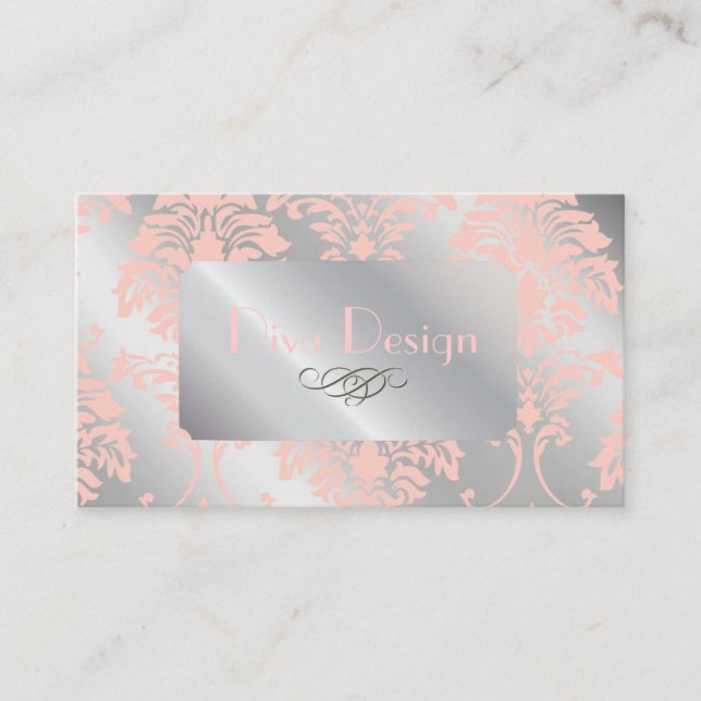 Damask business cards, pale pink silver tone card (Front)