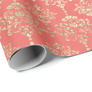 Damask Champagne Coral Royal Metallic Faux Gold Wrapping Paper