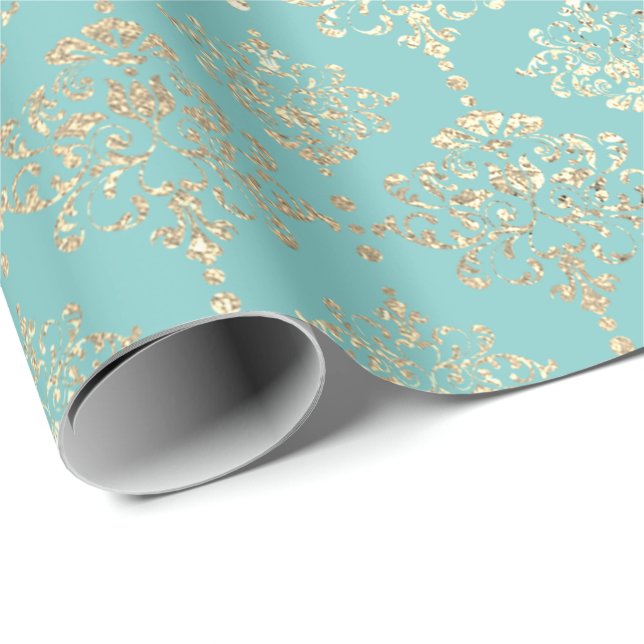 Damask Champagne Gold Royal Metallic Aqua Wrapping Paper (Roll Corner)