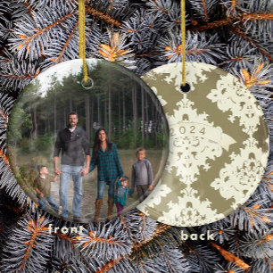 Damask Christmas Family Photo Ornament