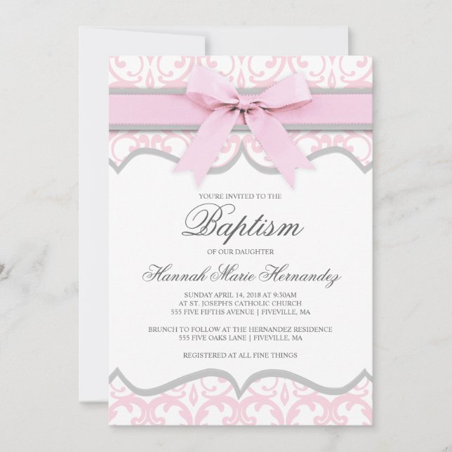Damask Coeur rose Ruban Baptême Invitation (Devant)