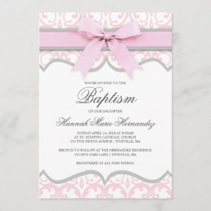Damask Coeur rose Ruban Baptême Invitation