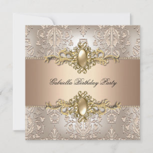 Damask Cream Coffee Birthday Party Pearl Invitation